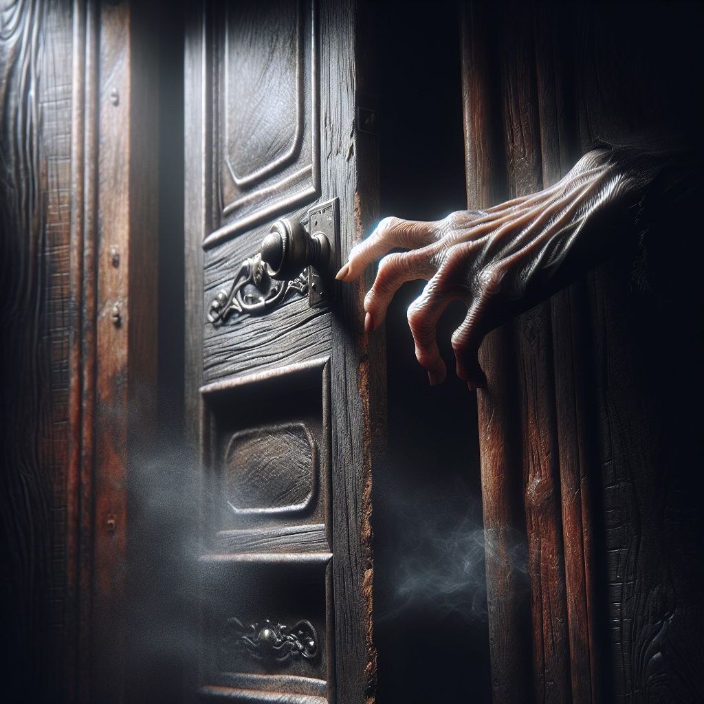 A hand opening an old, wooden closet door, revealing a dark, shadowy interior with a subtle, almost visible cloud of musty air escaping. The scene should evoke a sense of dampness and an unpleasant smell. Realistic, atmospheric lighting.