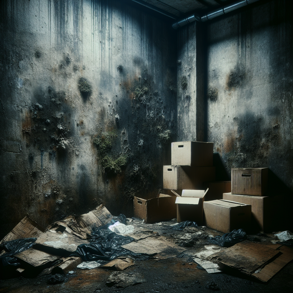 A dark, damp, and neglected basement corner, with visible water stains and dark patches of mold on the concrete walls. Old, slightly decaying cardboard boxes are stacked, contributing to a heavy, musty atmosphere. A faint, unpleasant haze hangs in the air, emphasizing the stale and unhealthy environment. Realistic style, with a focus on decay and unpleasantness.
