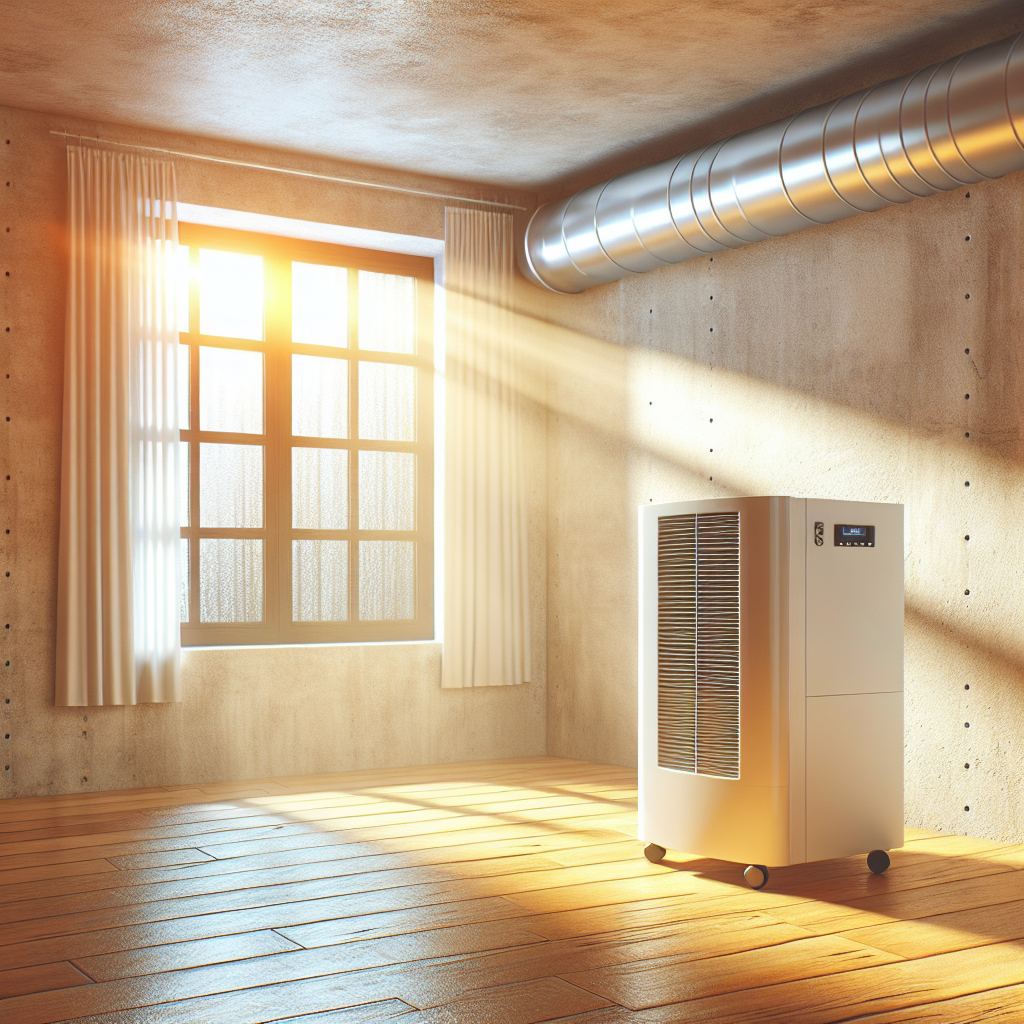 A bright, clean, and freshly aired basement. Sunlight streams through an open window, illuminating a modern dehumidifier actively running in the corner. The concrete walls are dry and pristine, and the space feels inviting and well-ventilated, with a palpable sense of freshness. Realistic, optimistic style, showcasing a successful remediation and improved air quality.