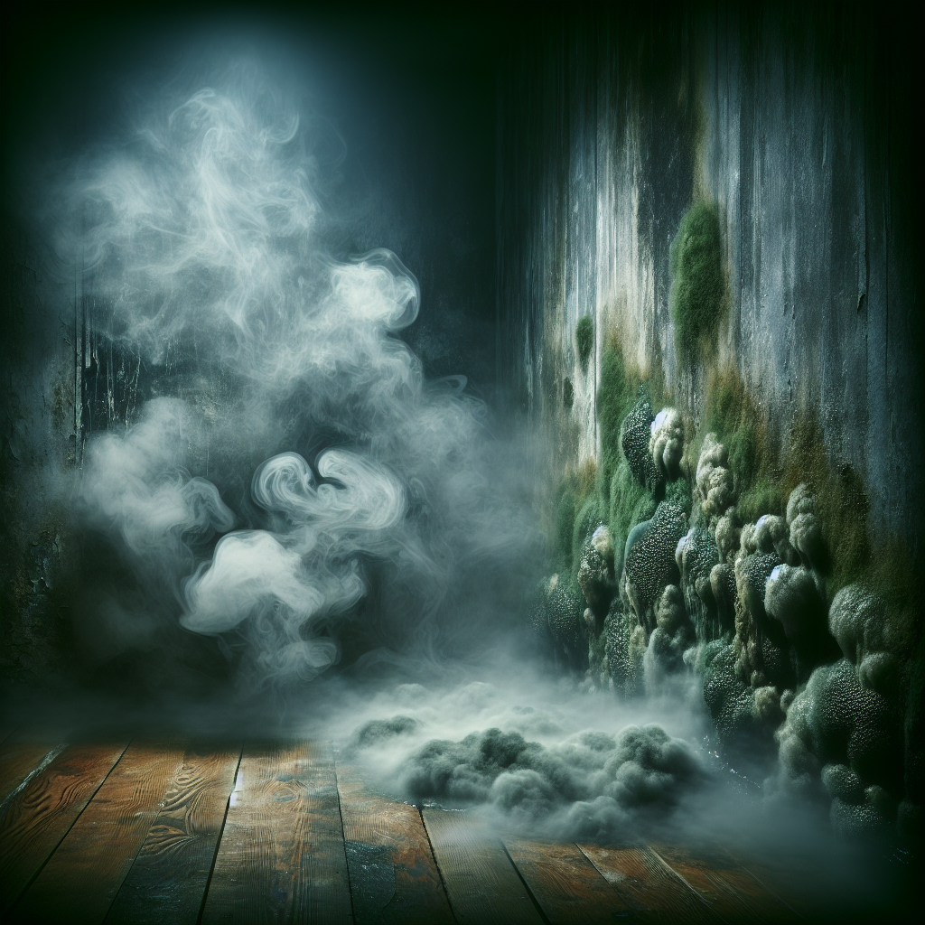 A close-up, atmospheric photo of a dark, damp corner of a room, subtly shrouded in a swirling, unpleasant green-grey mist, symbolizing a pervasive musty mold smell. A sense of neglected moisture and an eerie, uninviting atmosphere. Highly realistic.