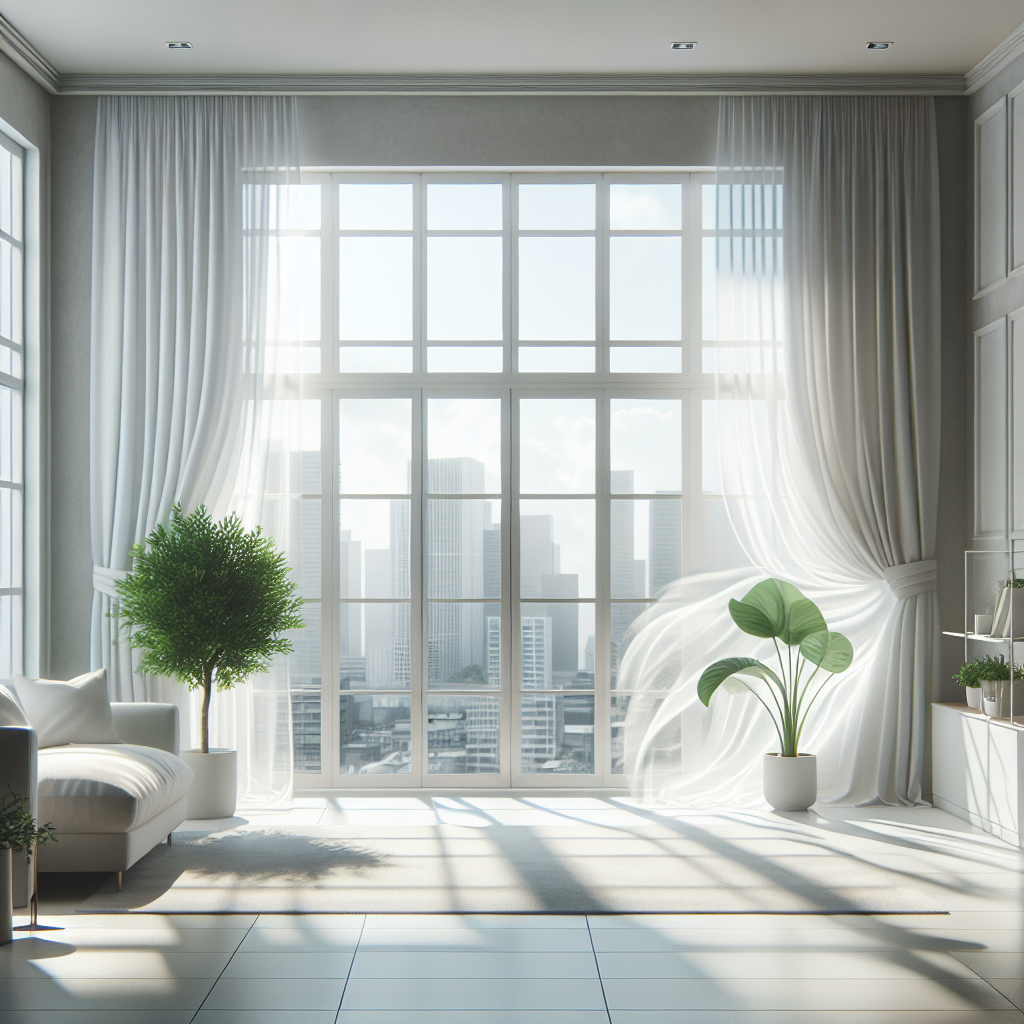 A bright, inviting photo of a modern, clean living room with large windows wide open, allowing abundant fresh air and sunlight to stream in. Sheer white curtains gently billow. A healthy green plant on the windowsill. Emphasize freshness, ventilation, and a pleasant, odor-free home. Highly realistic.