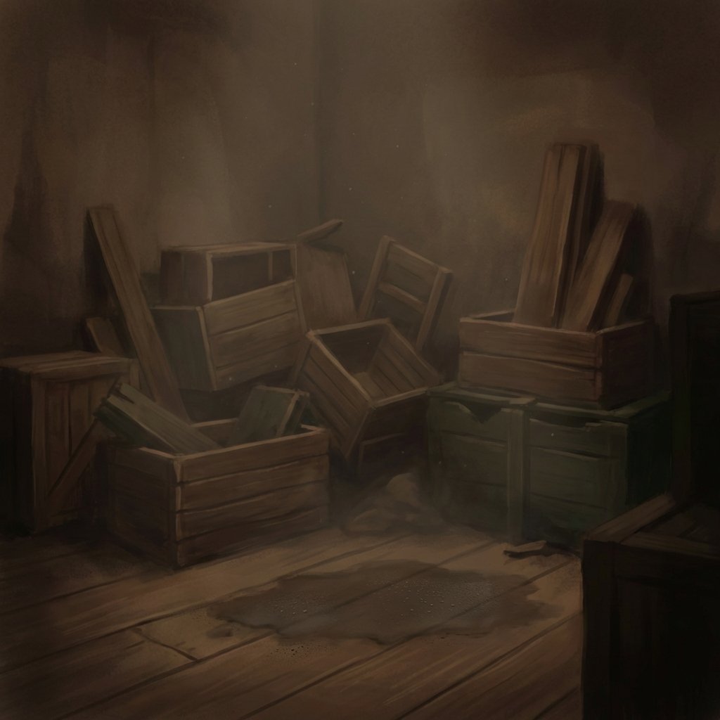 A visually atmospheric illustration of a dimly lit, enclosed space, like a basement corner or an old storage room. Several pieces of wooden furniture, crates, or stacked timber are present, slightly shadowed. A lack of airflow is suggested by still, heavy-looking air, perhaps with a faint visible haze. A subtle damp patch or condensation is visible on one of the wooden surfaces or the floor, indicating high humidity. The scene should evoke a sense of stagnant air and moisture, rendered in a warm, muted color palette as a detailed flat illustration or a soft digital painting.