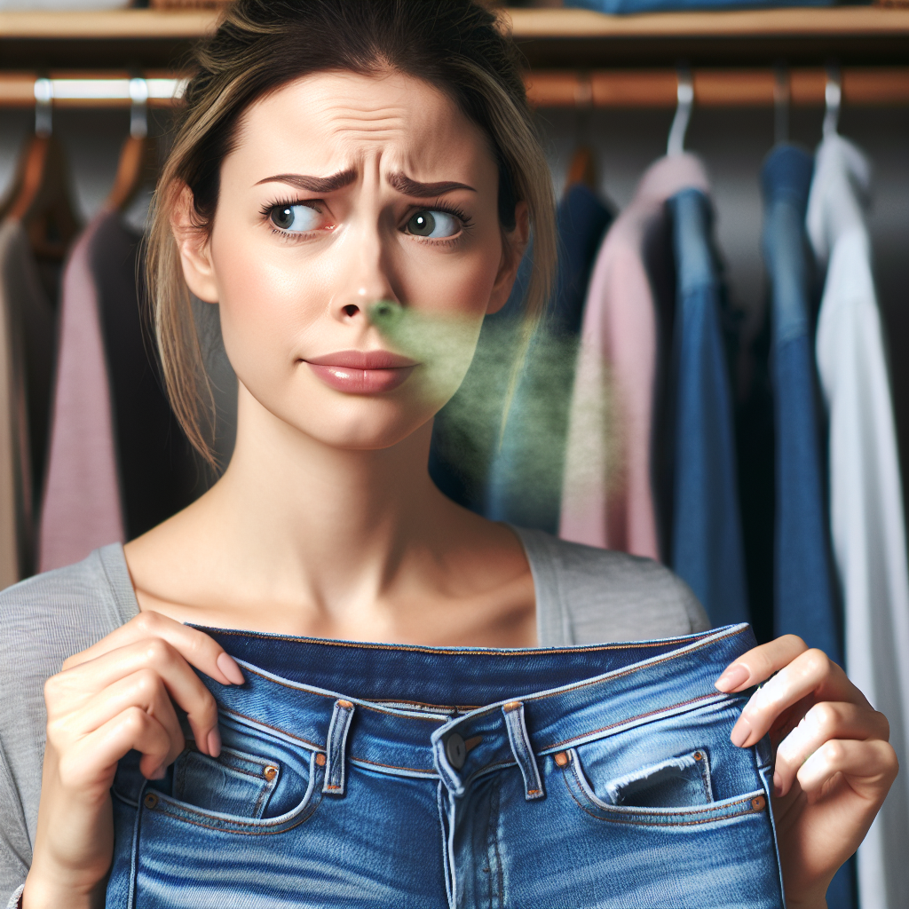 A person with a slightly dismayed expression holds up a pair of blue jeans to their nose, a subtle, visible wisp of greenish-brown 'muffiger Geruch' (musty smell) gently rising from the denim. The background shows a slightly cluttered, dim wardrobe or closet, emphasizing the source of the problem. Realistic photo style, soft natural light.