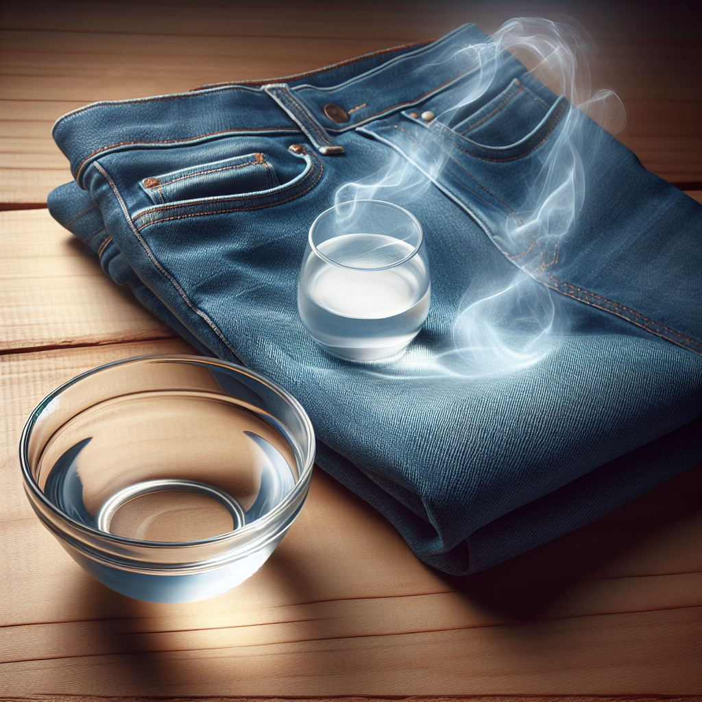A pair of clean, crisp blue jeans folded neatly on a wooden surface, with a small, clear glass bowl filled with white vinegar placed beside them. A subtle, ethereal wisp of 'freshness' or 'neutralization' emanates from the vinegar and gently hovers over the jeans, symbolizing odor removal. Bright, clean aesthetic, realistic photo style.