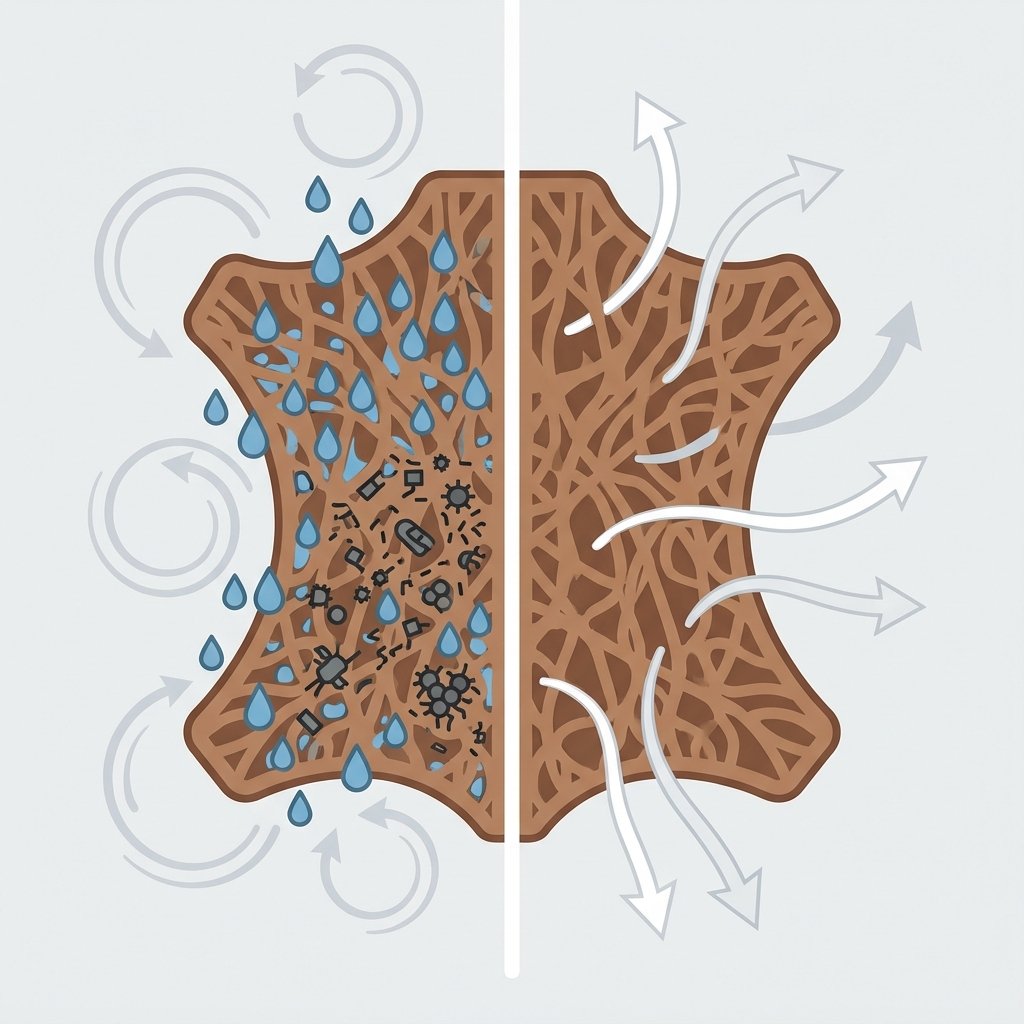 A clear, minimalist infographic-style illustration demonstrating the causes of musty leather. On one side, a cross-section of a generic leather material with moisture droplets seeping into its fibers, surrounded by swirling, stagnant air currents represented by faint, circular arrows. Abstract, microscopic organisms are shown multiplying within the leather structure. The other side presents the same leather material, but with air currents flowing freely around it, depicted by open, directional arrows, and no moisture or microorganisms. The contrast highlights the importance of ventilation and dryness. Clean, vector illustration with a limited color palette.