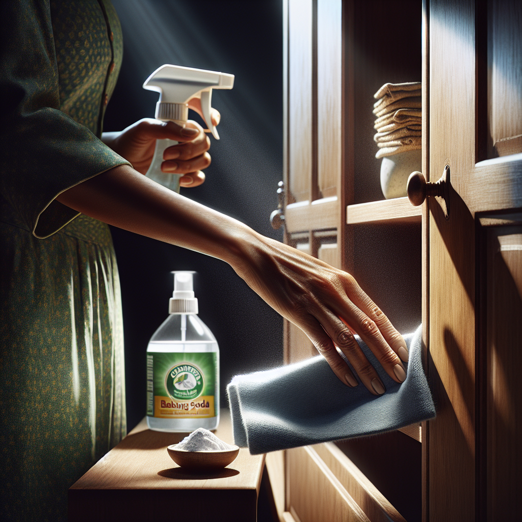 A close-up of hands diligently cleaning the inside surfaces of an open wooden wardrobe with a cloth. A spray bottle of vinegar and a small container of baking soda are visible nearby on a shelf, conveying natural cleaning solutions and a refreshing process. Bright, clean lighting, photo-realistic style.