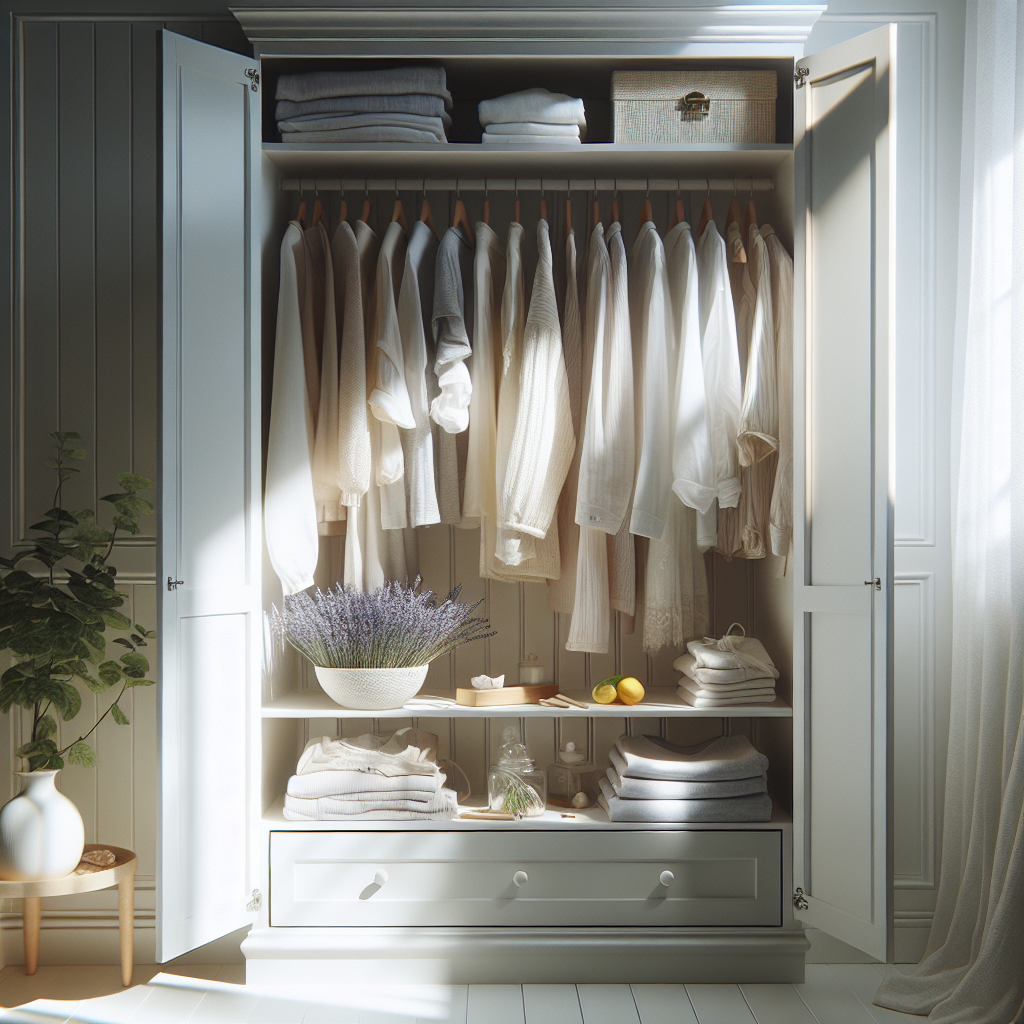 An immaculately clean, open wardrobe, beautifully organized with fresh, light-colored clothes neatly arranged. Sunlight streams into the wardrobe, highlighting a subtle sachet of lavender or a small bowl of citrus peels placed inside, symbolizing a fresh and inviting scent. Bright, airy, serene atmosphere, high-quality photograph.