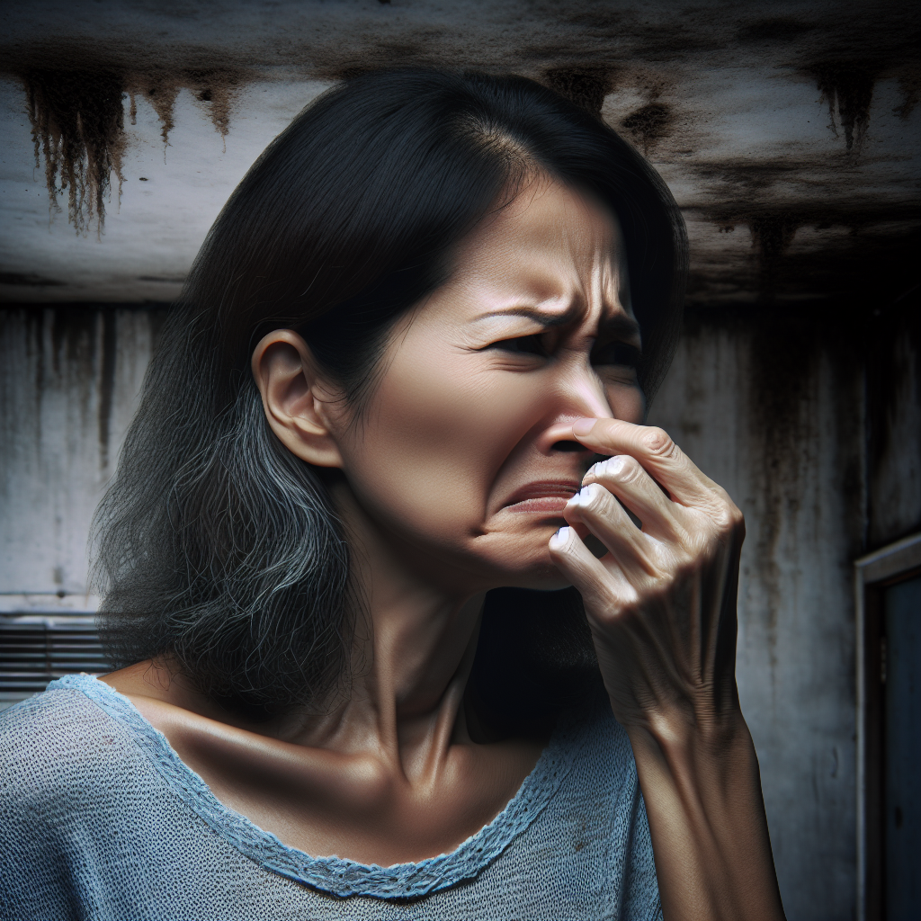 A person, mid-age, with a slightly disgusted expression, holding their nose, clearly reacting to a strong, unpleasant musty smell in a dimly lit apartment. The background subtly shows signs of dampness on a wall or a shadowy, neglected corner, conveying a sense of hidden moisture. Realistic photo, atmospheric.