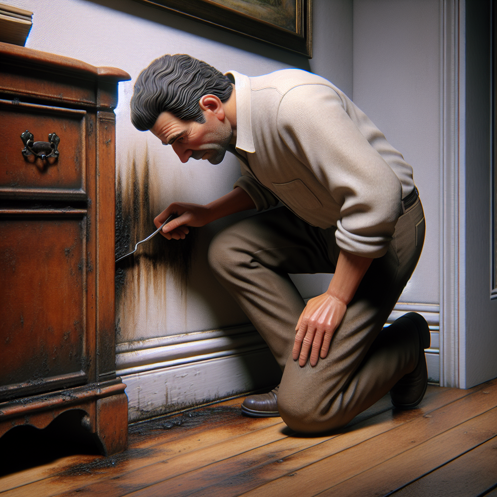 A detailed, realistic photo of a person actively inspecting a damp, dark corner of an old apartment room. They are bending down, closely examining a suspicious dark stain or moisture patch on the wall behind a piece of furniture, searching for the hidden source of a musty smell. The scene implies investigation and discovery.