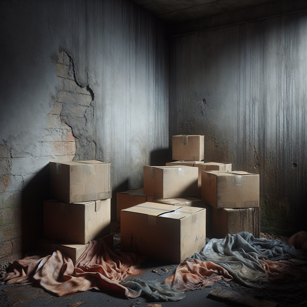 A dimly lit, damp basement corner with visible condensation on the concrete wall and a subtle, oppressive atmosphere suggesting a musty odor. There are some old, slightly discolored cardboard boxes and textiles hinting at neglect and moisture damage. Realistic photograph, focus on the unpleasantness and dampness.