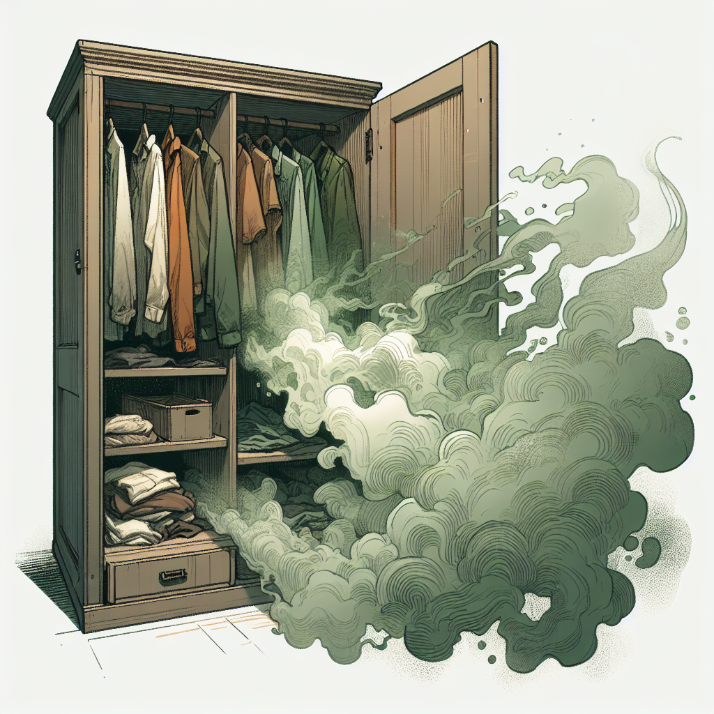 A dimly lit, open wooden wardrobe with clothes inside that appear slightly damp and disheveled. A subtle, abstract swirl of greyish-green vapor emanates from the wardrobe, symbolizing a strong musty odor. The overall scene conveys neglect and stale air, with a focus on realism.
