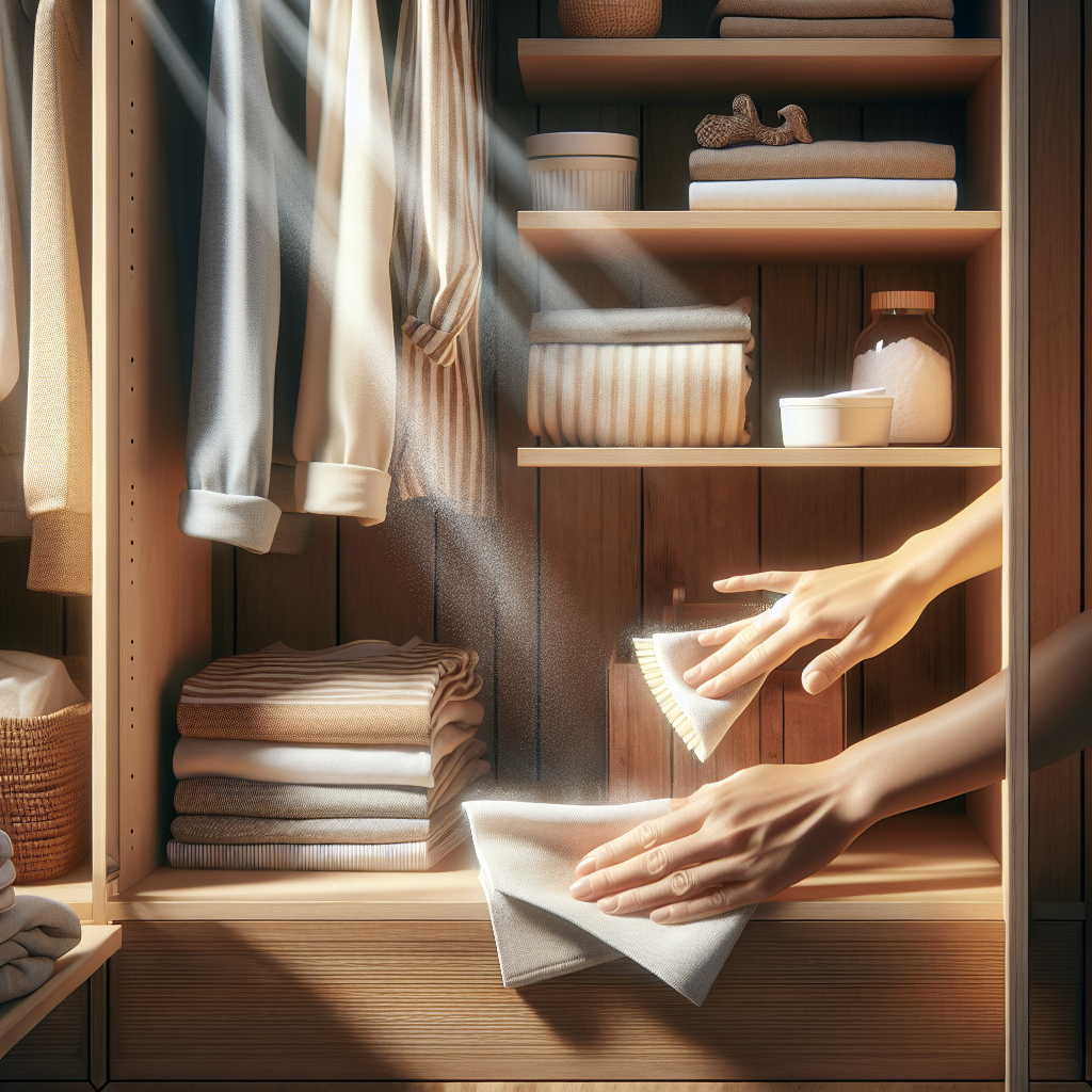 Bright sunlight streaming into an open, clean wooden wardrobe. Inside, clothes are neatly organized and look fresh. A pair of hands is gently wiping down a shelf with a clean cloth, and a small bowl of baking soda or a sachet of lavender is visible on another shelf, symbolizing freshness and a pleasant, airy atmosphere. Realistic photography style.