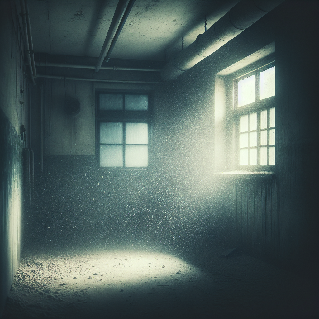 A dimly lit, slightly neglected room with closed windows. Dust motes are visible in the stale air, and there's a subtle, heavy atmosphere suggesting a musty odor. A corner might show a hint of dampness or a shadowy patch, emphasizing the unpleasantness. Realistic, soft focus, indoor photography.