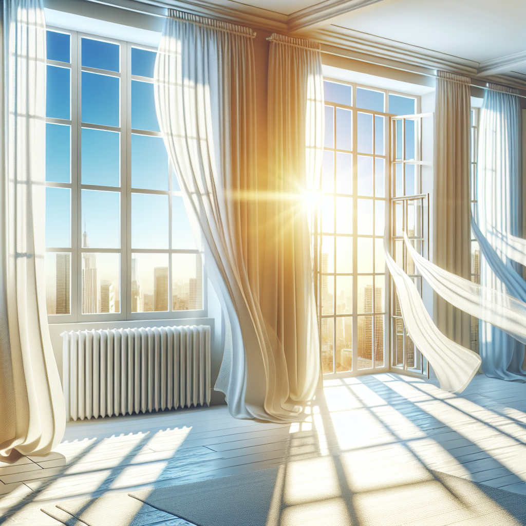 A bright, airy room with wide-open windows, allowing abundant sunlight and a fresh breeze to stream in. Curtains are gently swaying, and the room feels clean, invigorated, and inviting, symbolizing effective ventilation and the removal of musty smells. Realistic, vibrant, uplifting.