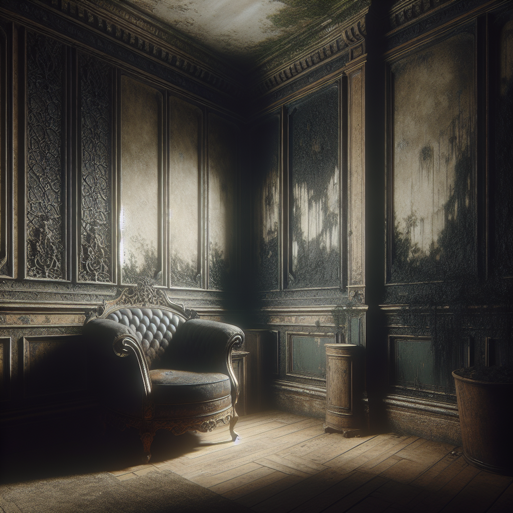 A dark, damp corner of a room with a visible patch of moisture or a subtle hint of mold on the wall behind a large, old piece of furniture. The overall atmosphere is dim and oppressive, conveying a strong sense of musty, stale air. Realistic, slightly atmospheric photography.