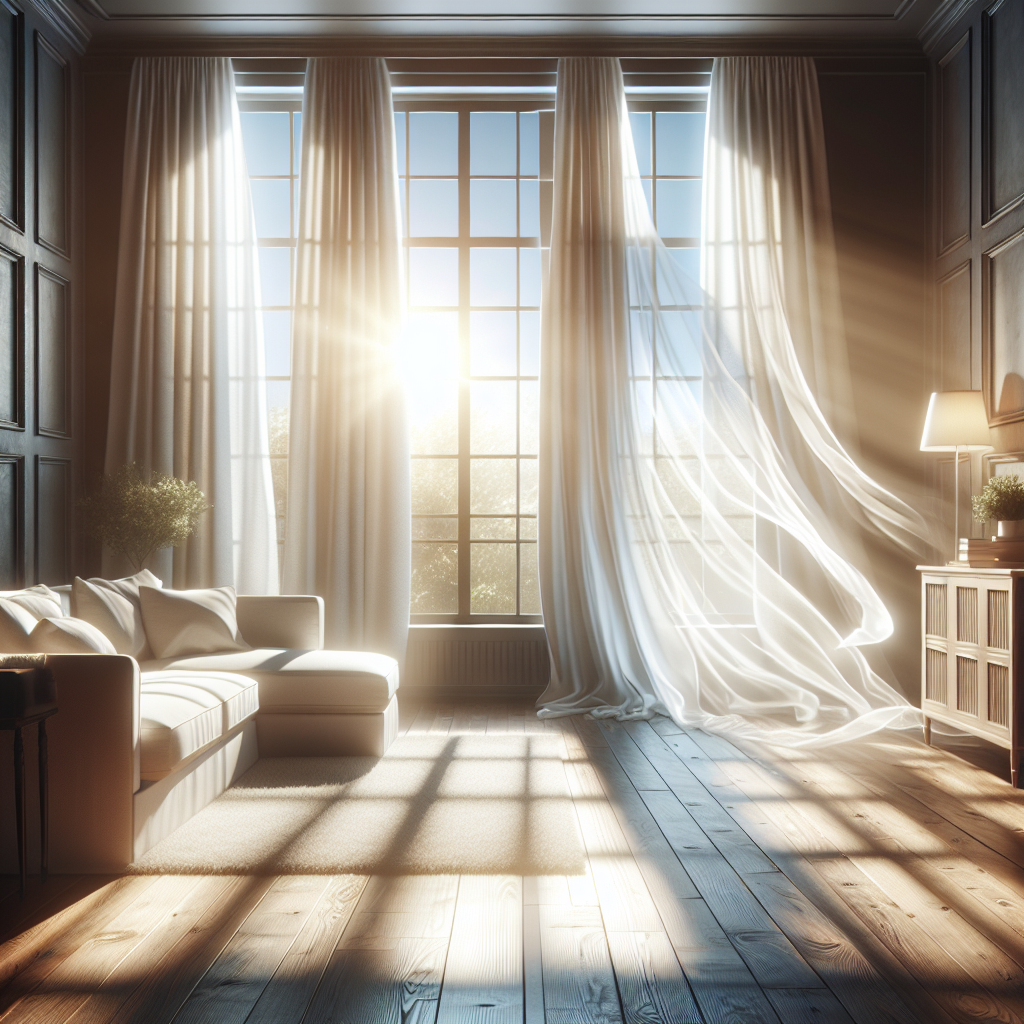 A cozy, clean living room with large windows wide open, bright sunlight streaming in, and sheer white curtains gently blowing. The room feels fresh and airy, symbolizing the successful removal of smoke smell and a renewed sense of cleanliness. Focus on a bright, inviting atmosphere. Realistic, cinematic lighting.