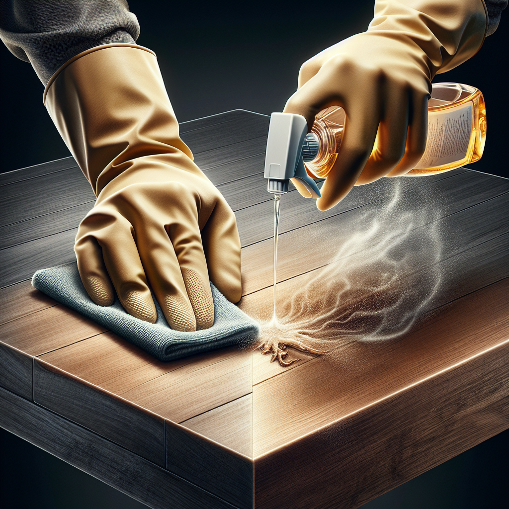 Close-up of hands wearing cleaning gloves, diligently wiping down a smooth wooden table with a damp cloth and a cleaning solution, removing subtle but visible traces of soot. One part of the table is already gleaming clean, contrasting with a faint residue on the other part, symbolizing the process of deep cleaning and odor removal. Realistic, detailed, with natural lighting.