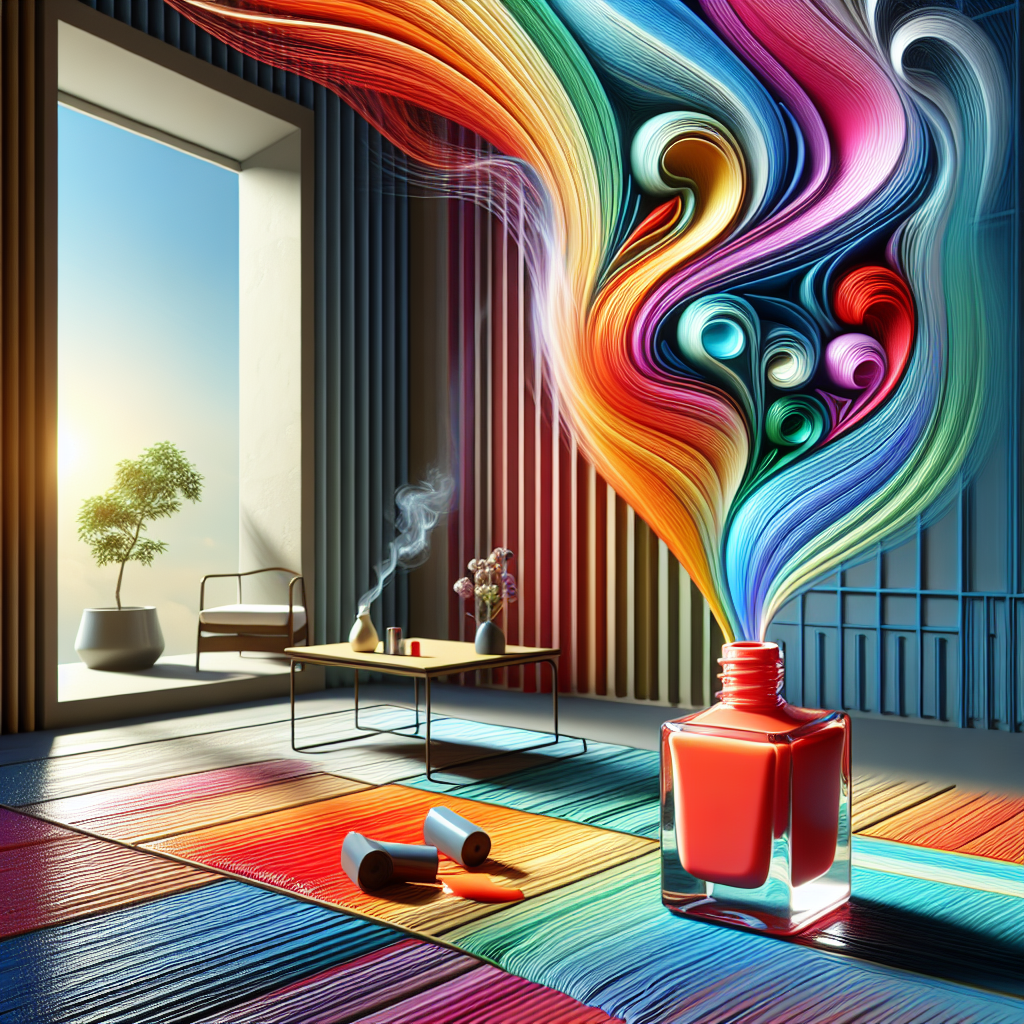 A bright, modern room where a person has just finished painting their nails. A colorful bottle of nail polish is open on a table. Visible, swirling lines of chemical-smelling vapor are emanating from the nail polish, but a wide-open window in the background is letting in a strong, fresh breeze, visibly pushing the unpleasant smell out of the room. The scene emphasizes the contrast between the strong odor and the refreshing effect of ventilation. Realistic, vibrant colors.