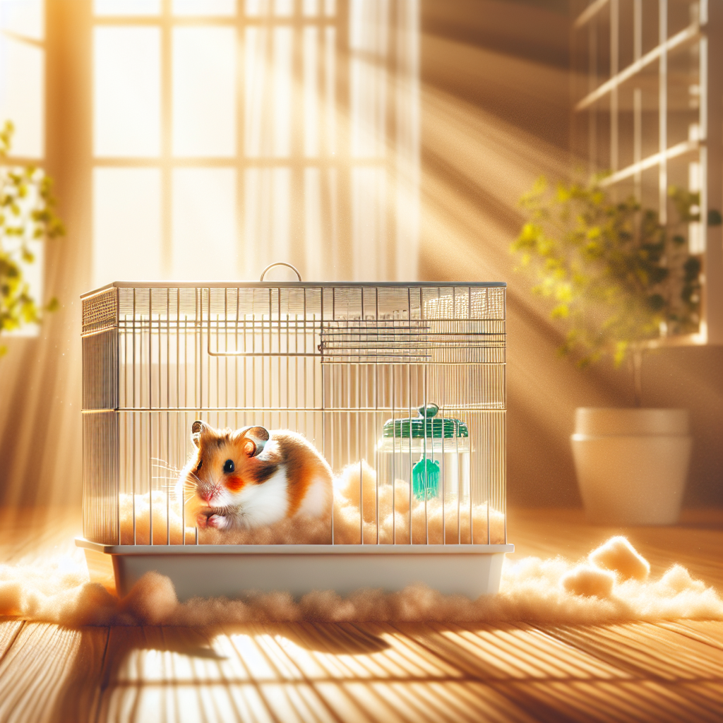 A perfectly clean and fresh-smelling rodent cage, bathed in warm, natural light. Inside, a happy and healthy hamster or guinea pig is comfortably exploring its pristine environment with soft, new bedding and fresh accessories. The scene should evoke a sense of cleanliness, well-being, and a pleasant, odor-free home for pets, with no visible dirt or unpleasantness.