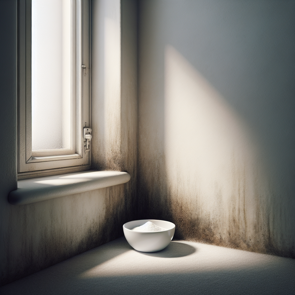 A slightly shadowed, damp corner of a room with a subtle, almost invisible hint of musty air, contrasted by a small, pristine white bowl filled with baking soda on a clean surface, appearing to neutralize the atmosphere. Soft, natural light. Photorealistic.