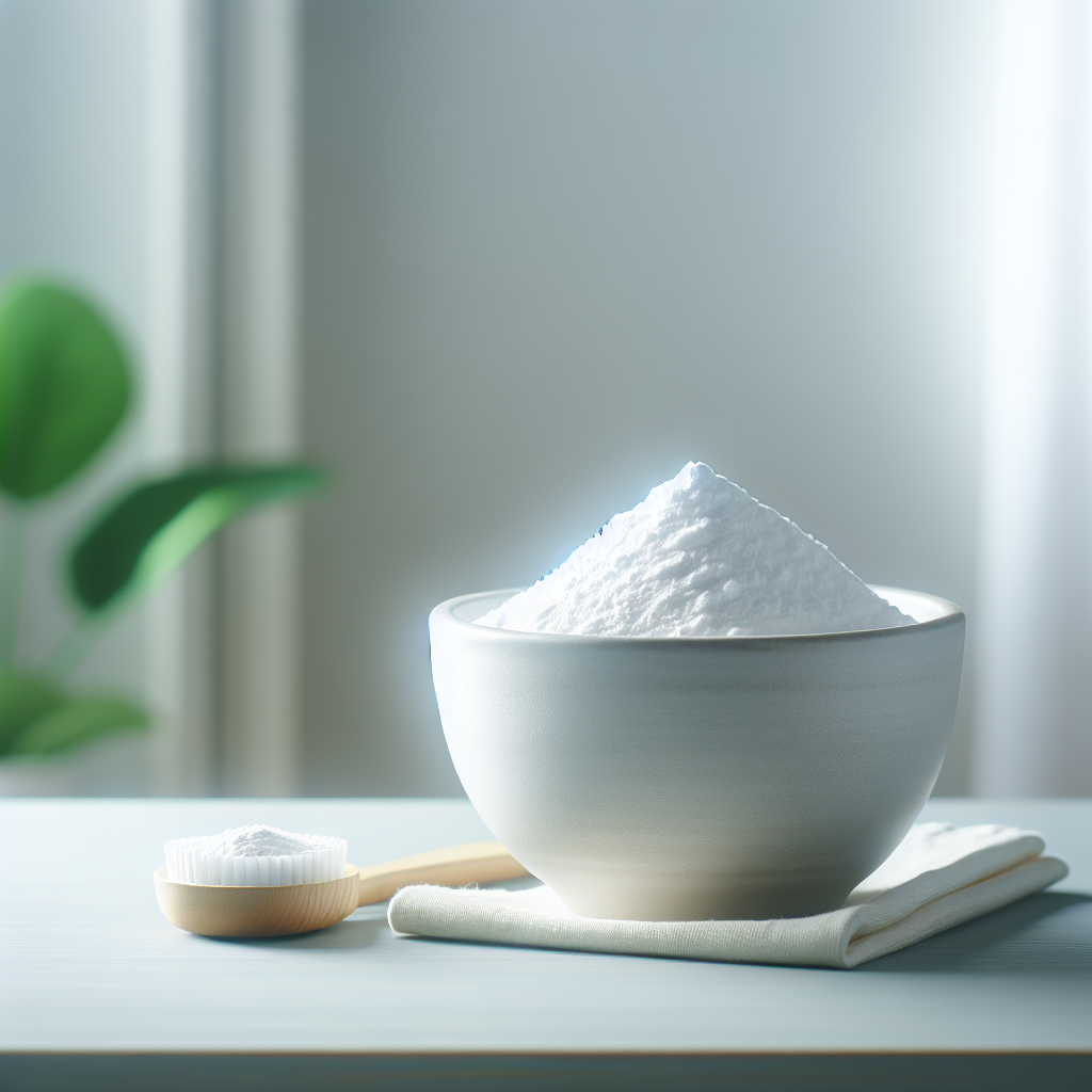 A bright, clean close-up shot of white baking soda powder in a simple, elegant ceramic bowl, placed on a light wooden surface in a modern, freshly aired home environment. A subtle green plant in the soft background, emphasizing natural freshness. High key lighting, minimalist style.