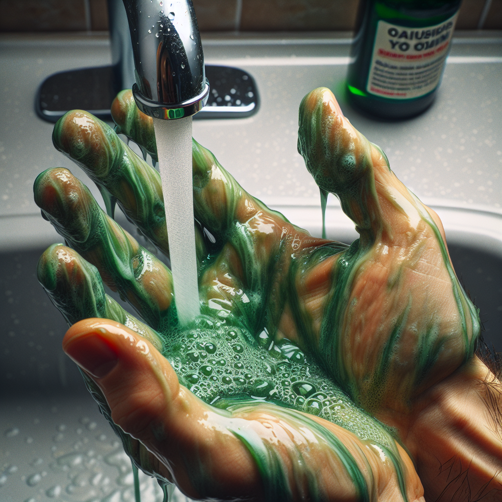 A close-up of a person's hands, visibly coated with a slightly greenish, oily residue, under running water from a tap, with an expression of mild frustration or disgust on their blurred face in the background, trying vigorously to wash off a persistent smell. A bottle of neem oil is subtly visible on the counter.