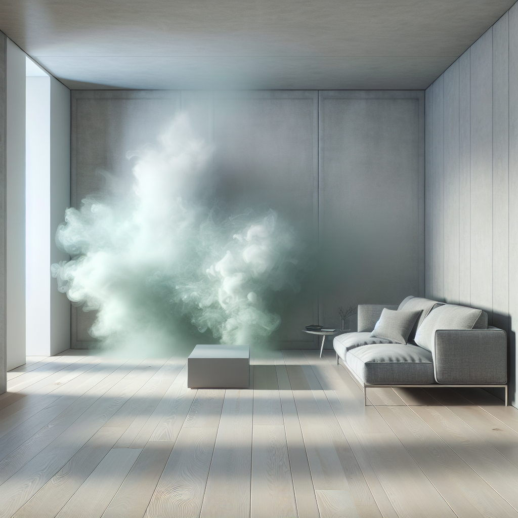 A modern, minimalist apartment living room that looks newly built and freshly painted. Subtle, almost translucent, pale green or grey wisps of vapor are visibly emanating from the fresh white walls, a new light wooden floor, and a sleek, contemporary grey sofa, subtly symbolizing the 'new building smell'. The room is otherwise clean and bright, but with a palpable sense of lingering odor. High detail, realistic photography style.