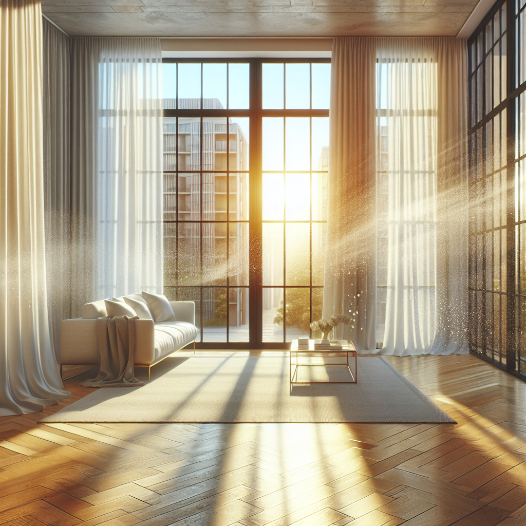 A bright and airy modern apartment living room with large, wide-open windows. White sheer curtains are gently billowing inwards, indicating a strong breeze of fresh air entering the space. Warm sunlight streams through the windows, illuminating the dust particles dancing in the clean air. The overall atmosphere is fresh, revitalizing, and devoid of any lingering unpleasant smells. High detail, realistic photography style, optimistic tone.