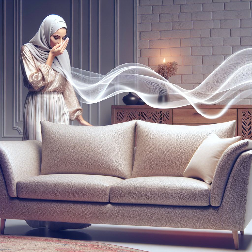 A stylish, brand new couch in a bright, modern living room. Subtle, ethereal wavy lines or a faint translucent haze rises from the couch, visually representing an unpleasant new furniture smell. A person in the background gently sniffs the air with a slightly concerned expression. Clean, inviting aesthetic with a hint of discomfort. High quality photo.