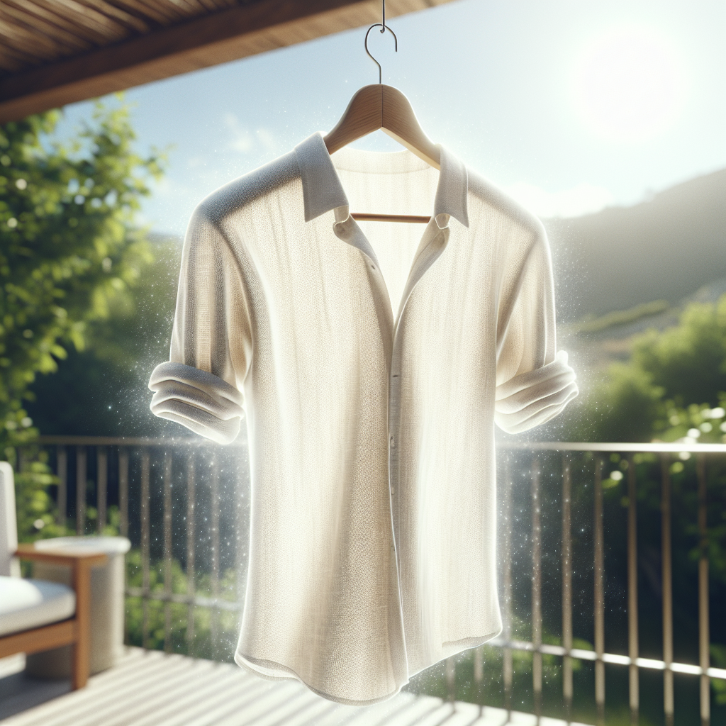 A crisp, brand-new white linen shirt hanging on a wooden hanger outdoors on a breezy, sunny day. The shirt looks fresh and clean, gently swaying, with a subtle, almost invisible aura of fresh air around it, symbolizing odor removal without washing. The background is a soft-focus garden or balcony, no washing machine visible. Photorealistic, bright, natural light.