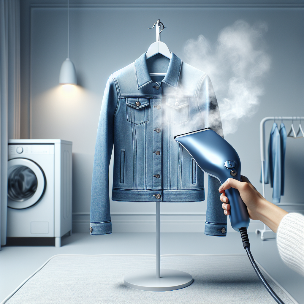 A modern, stylish hand steamer being used to gently steam a rich blue, new denim jacket hanging on a hanger. Wisps of steam are visible rising from the jacket, symbolizing the removal of chemical odors and refreshing the fabric. The setting is a clean, minimalist home interior, with soft, diffused lighting. No washing machine is present. Close-up shot, focus on the steamer and jacket, high detail.