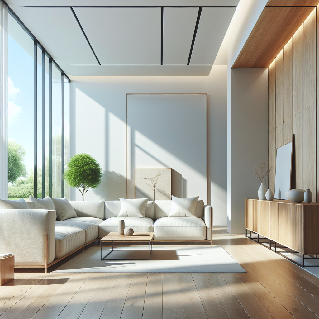 A modern, minimalist living room with brand new, stylish furniture (e.g., a light-colored sofa and a wooden cabinet). A wide-open window allows a strong gust of fresh air and sunlight to stream into the room, creating a sense of ventilation and air exchange. The overall atmosphere suggests a solution to a recent strong odor, focusing on clean lines and the refreshing effect of outdoor air.