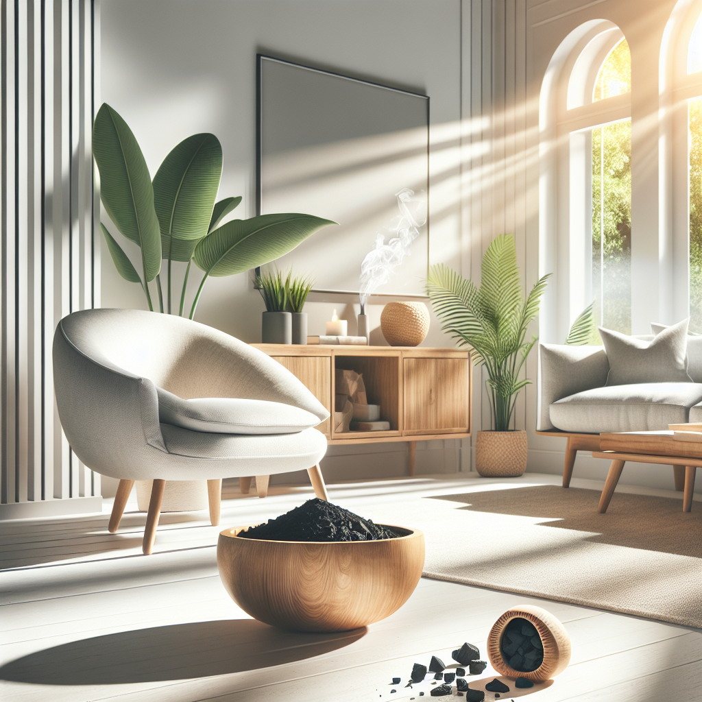A serene and inviting living room featuring new, contemporary furniture (e.g., a comfortable armchair, a clean coffee table). The atmosphere is bright, airy, and feels completely fresh and clean, with no hint of any unpleasant odors. Sunlight fills the room, and a subtle element like a healthy green plant or a bowl of natural odor absorber (e.g., activated charcoal or baking soda, subtly placed) can be seen, symbolizing good air quality and a feeling of peace and well-being.