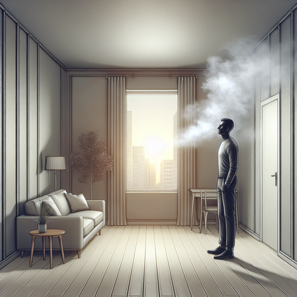 A person (gender-neutral) stands inside a new, unfurnished apartment. Their expression conveys a subtle sense of discomfort or slight disgust as they inhale, detecting a persistent, stale smoke smell in the air. The apartment looks bright and clean on the surface, but the atmosphere feels heavy, with a faint, almost invisible grey haze subtly permeating the room. Sunlight streams through a window, highlighting the paradox of visible cleanliness versus an invisible odor. Realistic style, interior shot, high detail.
