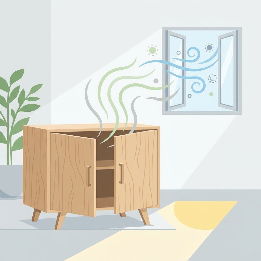 A clean, modern flat illustration showing a newly assembled wooden cabinet with its doors slightly ajar. From within the cabinet, subtle, light green or gray wavy lines emanate, symbolizing the 'new furniture smell' or VOCs. These wavy lines dissipate outwards, encountering elements like an open window with a gentle breeze icon, or abstract neutralizing particles. The overall impression should be fresh, clean, and convey the idea of removing unwanted odors, without showing any specific products. The focus is on the general concept of emission and neutralization.
