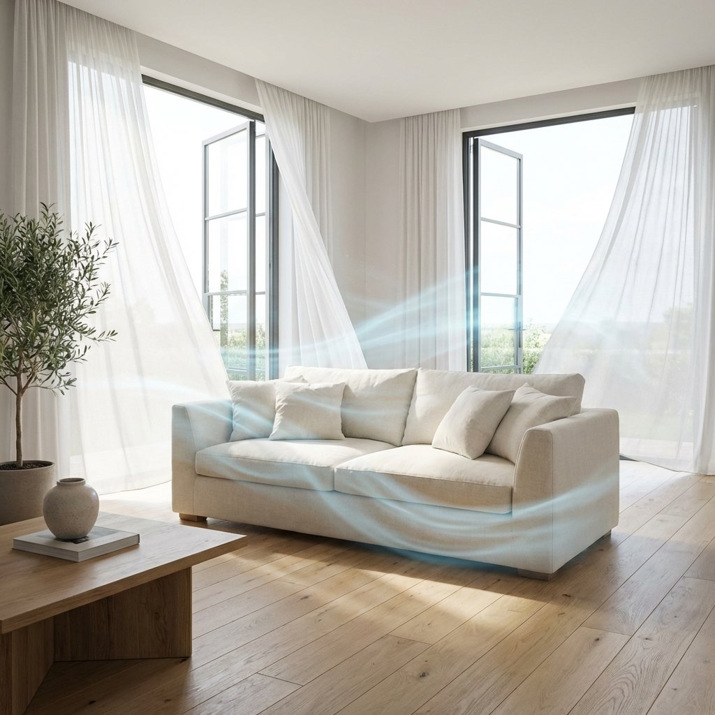 A bright and airy living room showcasing a newly placed sofa. Large windows are thrown wide open, with sheer curtains gently billowing inwards, indicating a strong, refreshing cross-breeze flowing through the room. The air around the sofa should appear visibly fresh and clear, with subtle visual cues of clean air circulation, perhaps represented by soft, light blue air currents. The overall scene conveys a sense of renewed freshness and effective ventilation. Professional photo or high-quality realistic digital painting, emphasizing light, openness, and cleanliness.