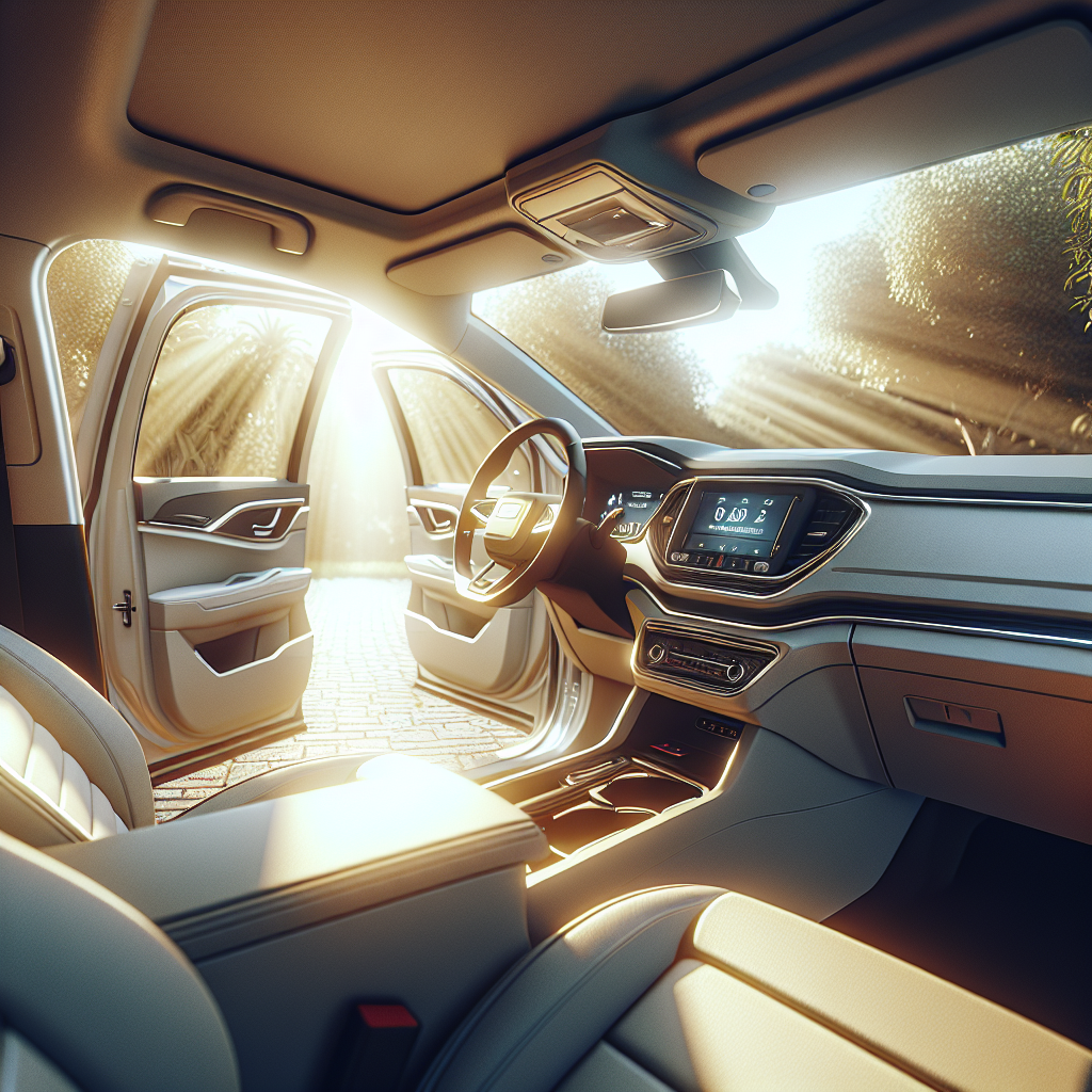 A brand new car parked on a sunny driveway with all its doors and windows wide open, allowing fresh air to circulate throughout the pristine interior. Sunlight illuminates the dashboard and seats, creating a strong sense of cleanliness and ventilation. Realistic photo, bright and inviting.