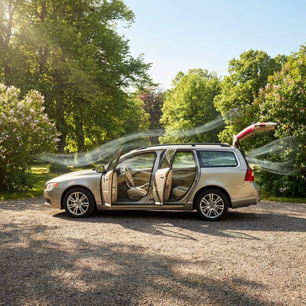 A parked car, seen from a slightly elevated side angle, with all four doors and the trunk wide open. The car is situated in a pleasant outdoor setting, perhaps a driveway or a park-like area with green foliage in the background, suggesting fresh air. Sunlight streams into the car's interior, and a subtle visual effect of air movement, like faint, translucent wavy lines, passes through the open vehicle, symbolizing effective ventilation. The scene should convey openness, freshness, and the act of airing out the car. Style: Professional photo realism, slightly idealized, with a bright and airy atmosphere.