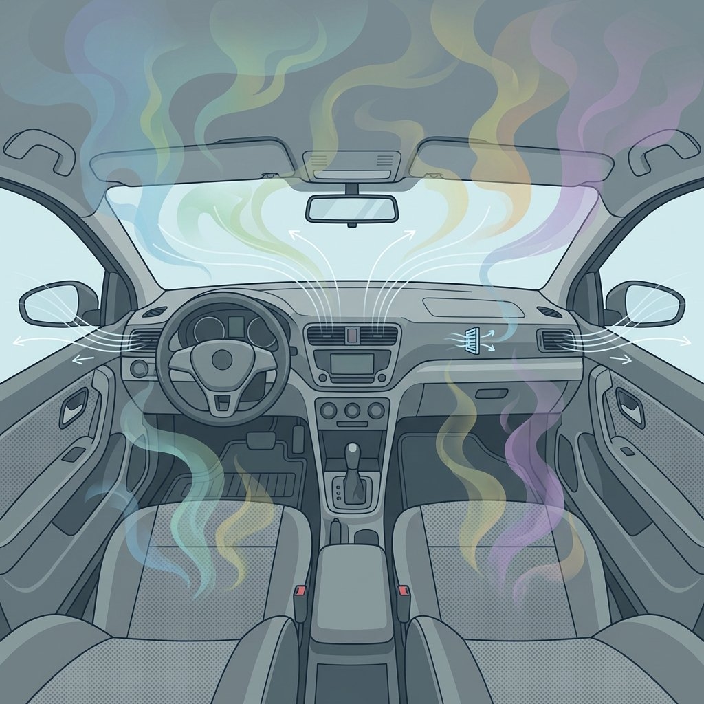 A detailed flat illustration showing the interior of a car, focusing on the dashboard, steering wheel, and front seats. Subtle, wispy, multi-colored gaseous clouds (representing VOCs) are visibly emanating from surfaces like plastic trim, upholstery, and floor mats, slowly rising and filling the cabin space. The overall atmosphere should suggest a dense, enclosed environment. In contrast, a faint, clean light or a subtle airflow pattern indicates fresh air attempting to circulate, hinting at the need for purification. The style is clean, modern, and slightly schematic, suitable for explaining an invisible phenomenon.