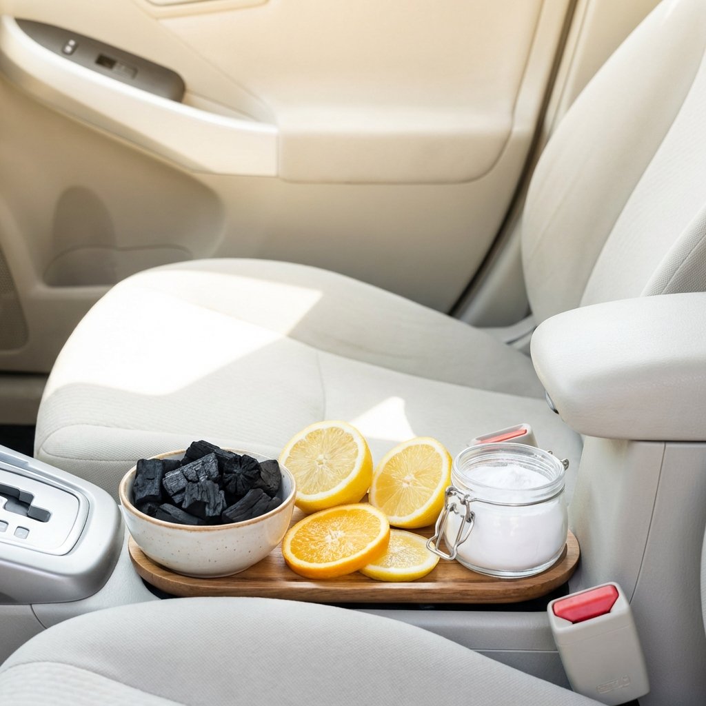 A vibrant, professional close-up photo or highly realistic digital painting of the interior of a car, specifically focusing on the passenger seat or center console area. Prominently displayed are various natural odor-absorbing elements: an open small bowl filled with activated charcoal, a small, open container of baking soda, and perhaps a few slices of a citrus fruit (lemon or orange) arranged artfully. A hint of an open car window in the background suggests ventilation. The lighting is bright and clean, emphasizing a sense of freshness and natural solutions for purifying the air.