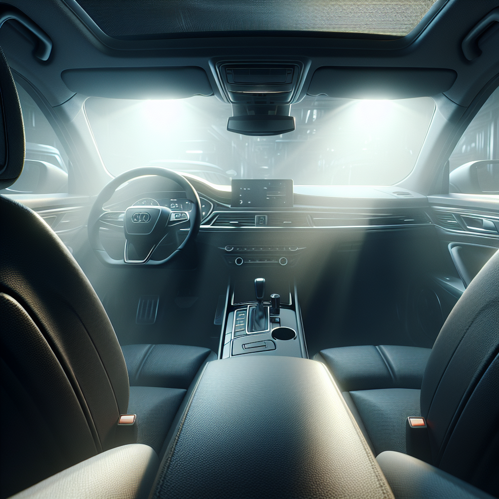 A brand new car interior, pristine and shiny, with a visible, subtle haze emanating from the surfaces, representing an intense and slightly overwhelming 'new car smell'. The light is slightly confined, emphasizing the enclosed space. Photorealistic, high detail.