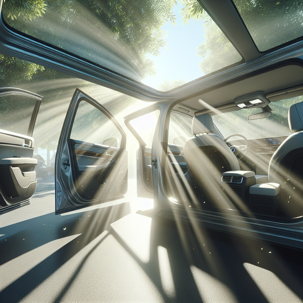 An inviting car interior with all doors and windows wide open, parked outdoors on a bright, sunny day. Fresh air and dappled sunlight are visually streaming through the car, suggesting active ventilation and a sense of cleanliness. Photorealistic.