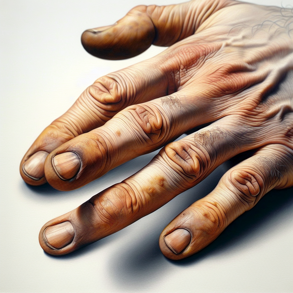 Close-up of a person's hands, specifically showing the index and middle fingers with clearly visible yellowish-brown nicotine stains. The skin texture should be detailed, emphasizing the discoloration against a neutral background. Realistic style.