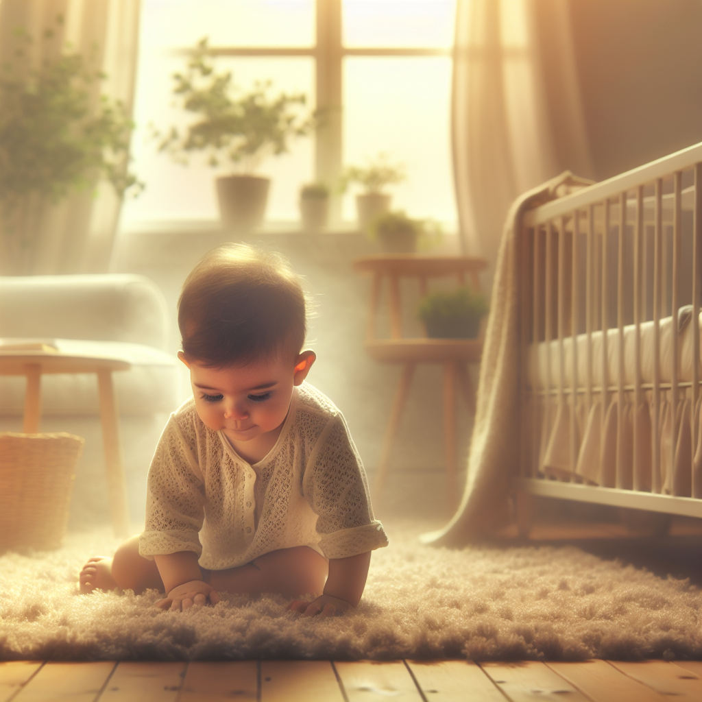 A peaceful baby playing on a rug in a nursery with a subtle, almost imperceptible haze in the air and very faint, warm yellow undertones, hinting at lingering 'thirdhand smoke' residue. The room is otherwise soft and gentle, but there's a delicate visual suggestion of a not-quite-pristine atmosphere. Detailed, realistic photo, natural light.