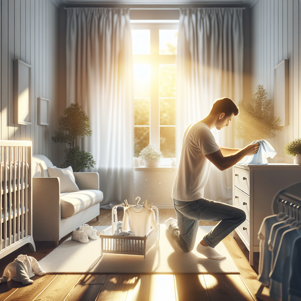A bright and airy baby's room, flooded with warm natural light streaming through an open window. Fresh white curtains are gently billowing. A parent is seen in the foreground, meticulously wiping down a surface or arranging freshly laundered baby clothes, creating a visibly clean, fresh, and healthy environment. The mood is one of purity, safety, and dedicated care. Detailed, realistic photo.