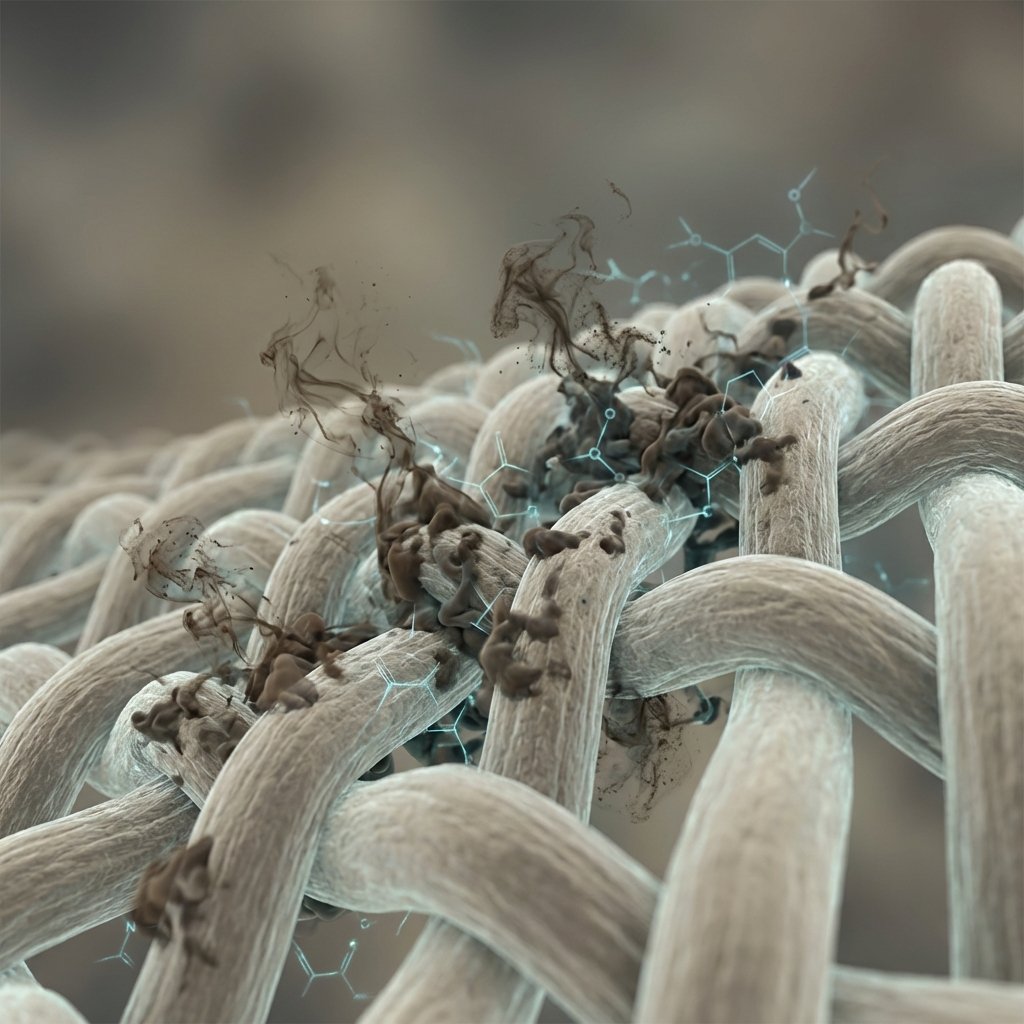 A close-up, microscopic view of fabric fibers. Tiny, dark, swirling smoke particles, representing tar and nicotine chemicals, are visibly clinging to and penetrating the individual threads of a textile. The particles appear to be deeply embedded within the porous structure of the fabric. The overall impression highlights how tobacco smoke chemicals firmly attach to clothing on a molecular level. Use a high-detail, abstract scientific illustration style with a slightly digital, ethereal feel. Muted, somewhat unpleasant colors for the smoke (grays, browns) should contrast with clean, neutral fabric colors. Focus on making the invisible process visually clear and impactful for a blog.