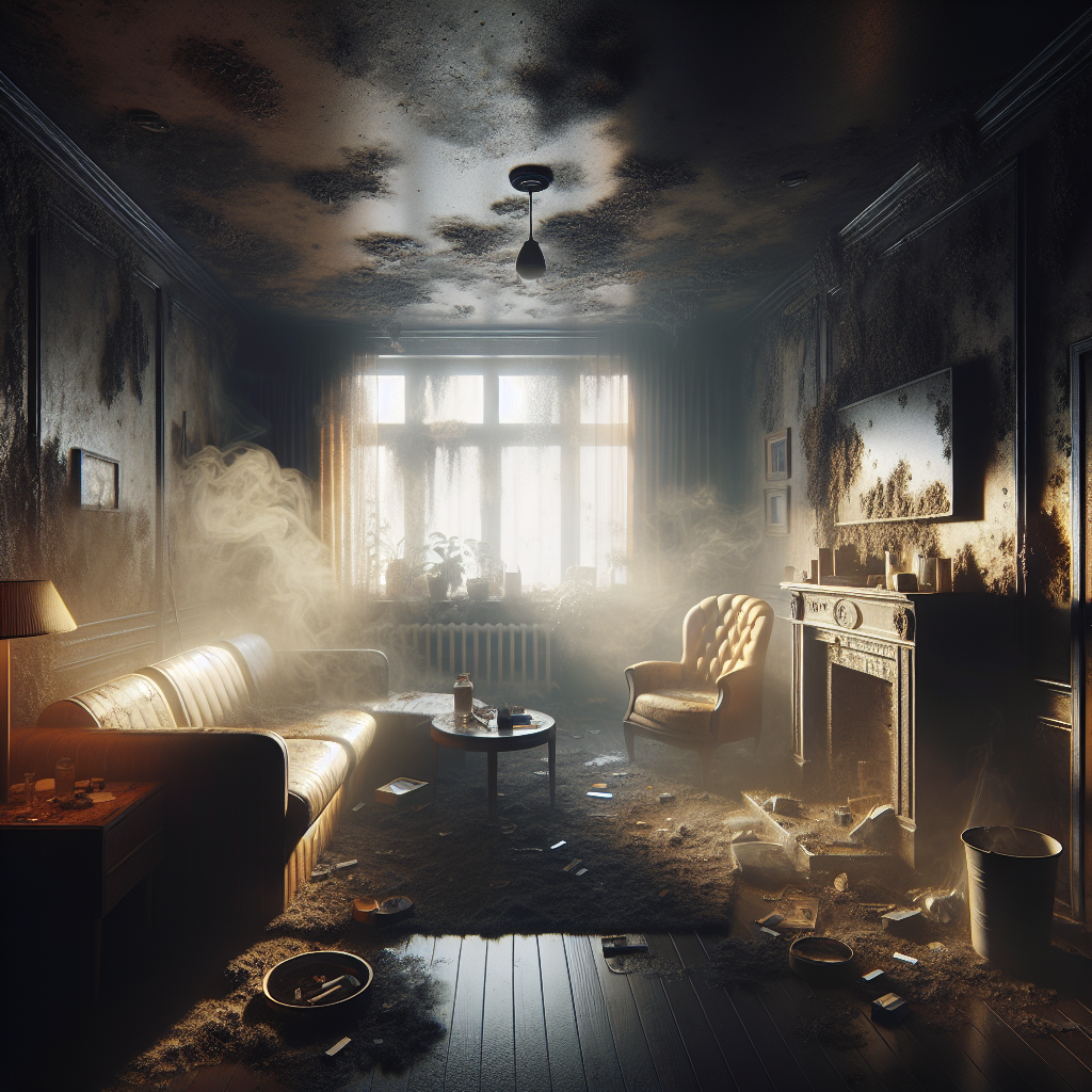 A dimly lit, stale living room heavily permeated by persistent cigarette smoke. A visible yellowish-brown film clings to the walls, curtains, and furniture, making them appear dingy and discolored. The air looks heavy and thick, conveying a strong, unpleasant odor. Realistic, detailed, and atmospheric.