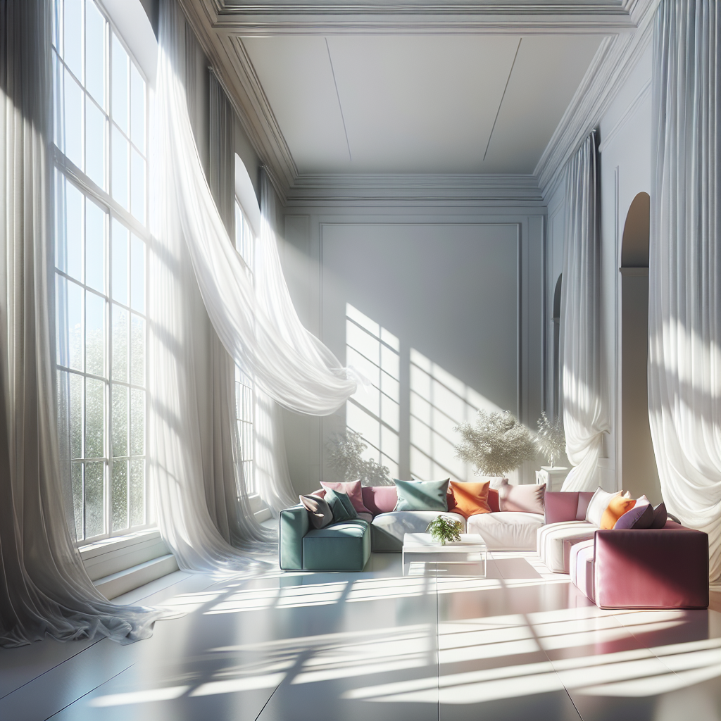 A sparkling clean and fresh living room, flooded with bright natural sunlight streaming through wide-open windows. The white walls are pristine, the curtains are clean and flowing gently in a light breeze, and the furniture looks vibrant and renewed. The air is clear and inviting, reflecting a sense of pure freshness and cleanliness. Detailed, bright, and inviting.