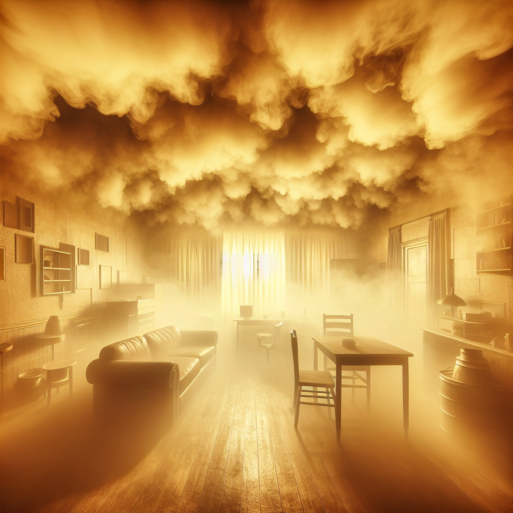 A dimly lit room interior, filled with a heavy, visible yellowish-brown haze clinging to furniture, curtains, and all surfaces, conveying a pervasive and stubborn nicotine smoke smell. The atmosphere is stale, dingy, and oppressive, making the space feel uninviting. Realistic photography.