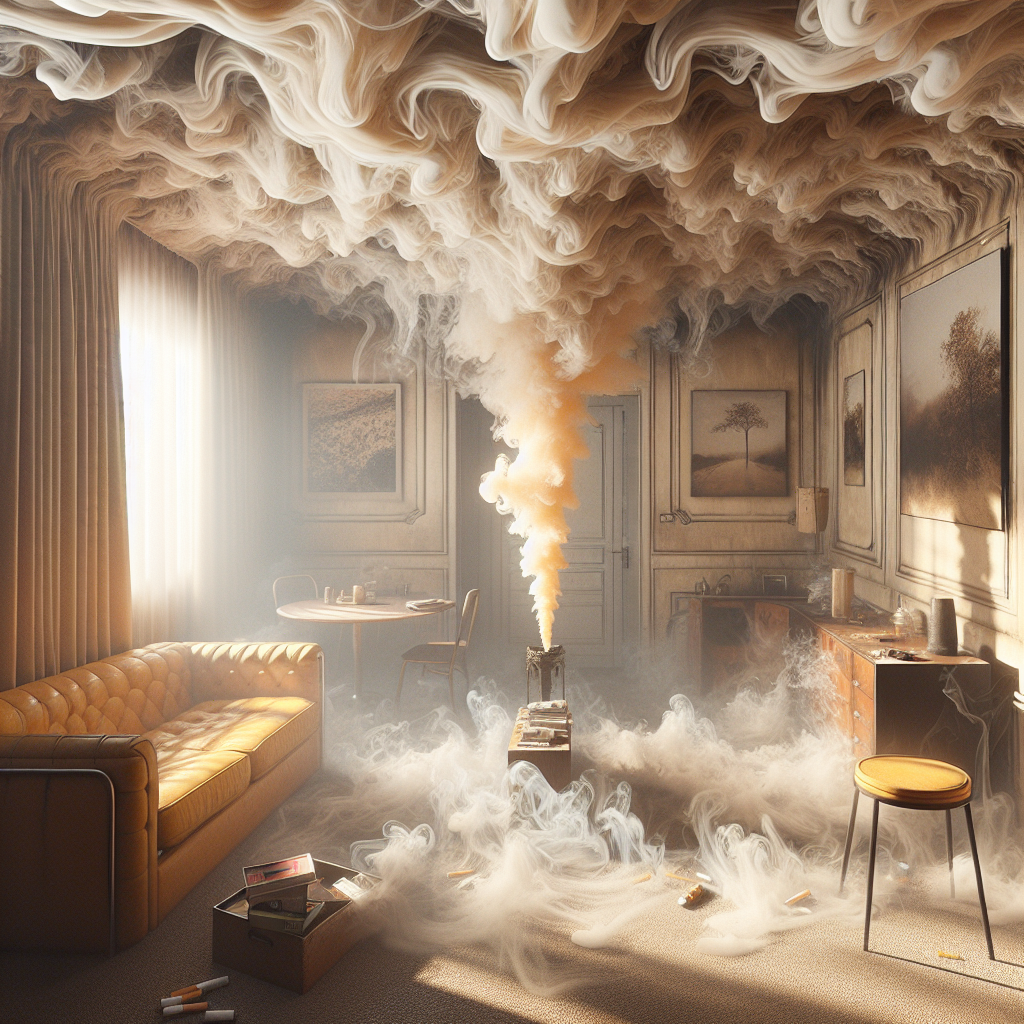 A room deeply affected by cigarette smoke. Yellowish-brown stains are visible on walls and curtains, with a subtle, smoky haze clinging to the air and furniture. The overall atmosphere should convey a sense of a lingering, embedded, unpleasant odor, possibly with abstract, swirling smoke-like patterns symbolizing the persistent smell. Realistic photography style.